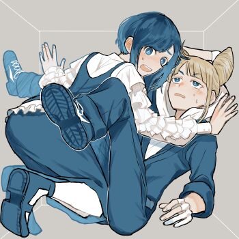 2girls blonde_hair blue_eyes blue_hair blue_jumpsuit blue_shoes blue_skirt blunt_bangs box collared_shirt cramped frilled_shirt frilled_sleeves frills fukurai_azami full_body gloves hashtag-only_commentary highres hood hood_down hoodie in_box in_container jasmine_(toshi_densetsu_kaitai_center) jumpsuit long_sleeves looking_at_viewer looking_back lying multiple_girls natch on_back open_mouth partially_fingerless_gloves shirt shoe_soles shoes short_hair sitting skirt stuck_in_a_box toshi_densetsu_kaitai_center white_hoodie