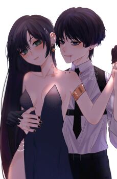 1boy 1girl alternate_costume alternate_hairstyle alternate_species armlet bare_shoulders belt_buckle bite_mark bite_mark_on_neck bite_mark_on_shoulder black_dress black_eyes black_gloves black_hair black_necktie black_pants bleeding blood blood_from_mouth blood_from_neck blood_on_shoulder blunt_bangs blunt_ends blush breasts bright_pupils buckle center_opening chest_harness collarbone collared_shirt constricted_pupils contemporary dress earrings empty_eyes eyelashes eyeliner eyeshadow formal_clothes genshin_impact gloves gold green_eyes hair_down half_gloves hand_on_another&#039;s_stomach hand_on_hand hand_up harness head_tilt hickey highres jewelry lipgloss long_hair looking_at_viewer makeup medium_breasts mona_(genshin_impact) moriko_ken11 necktie pants parted_bangs parted_lips pink_lips red_eyeliner red_eyeshadow red_pupils scaramouche_(genshin_impact) shirt side_slit sidelocks star_(symbol) star_earrings strapless strapless_dress three-quarter_sleeves tsurime vampire white_mouth white_pupils white_shirt white_sleeves