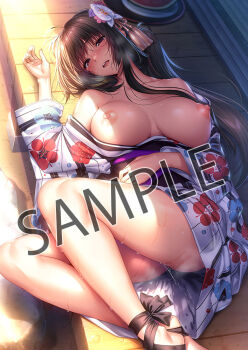 1girl amakano_2 blush breasts breasts_apart brown_hair floral_print floral_print_kimono flower hair_flower hair_ornament japanese_clothes kimono kurohime_yuuhi large_breasts long_hair lying nipples official_art on_back piromizu print_kimono pussy_juice red_eyes sample_watermark solo watermark