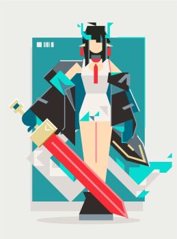 Rule 34 | 1girl, abstract, arknights, black footwear, commentary, cubism, dress, dusk (arknights), earrings, english commentary, facing viewer, flat color, full body, highres, holding, holding sword, holding weapon, horns, jacket, jewelry, minimalism, necktie, nikov, off shoulder, pointy ears, red necktie, shapes, sleeveless, sleeveless dress, solo, sword, weapon, white dress