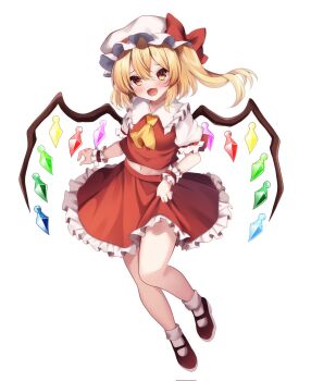 1girl :d ascot black_shoes blonde_hair blush bow commentary_request crystal_wings fang flandre_scarlet floating_hair frilled_shirt_collar frilled_skirt frilled_sleeves frilled_wrist_cuffs frills full_body furrowed_brow hair_between_eyes hat hat_bow highres long_hair looking_at_viewer mary_janes medium_skirt midriff mob_cap navel open_mouth puffy_short_sleeves puffy_sleeves red_bow red_eyes red_skirt red_vest red_wrist_cuffs shirotsuki_shirone shirt shoes short_sleeves side_ponytail simple_background skin_fang skirt skirt_hold smile socks solo standing touhou vest white_background white_hat white_shirt white_socks wings wrist_cuffs yellow_ascot