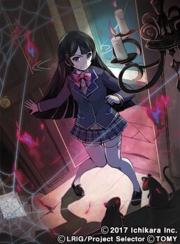 1girl black_cardigan black_eyes black_hair black_skirt cardigan chandelier closed_mouth copyright_notice long_hair looking_at_viewer moreshan nijisanji official_art shirt silk skirt spider_web thighhighs tsukino_mito tsukino_mito_(1st_costume) white_shirt white_thighhighs wixoss