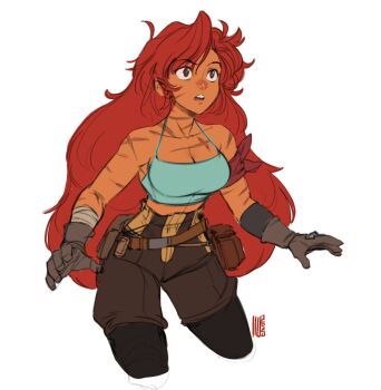 1girl alternate_hairstyle armband bandaged_arm bandages bare_shoulders belt belt_pouch black_pantyhose breasts brown_belt brown_eyes brown_gloves brown_shorts cleavage commentary crop_top cropped_legs dark-skinned_female dark_skin david_liu english_commentary eyelashes gloves hair_down long_hair maria_(space_maria) midriff open_mouth pantyhose pouch red_armband red_hair scar scar_on_arm scar_on_neck scar_on_shoulder shorts simple_background solo space_maria teeth upper_teeth_only very_long_hair white_background