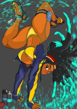1girl alternate_costume arm_support artist_request ass bikini bikini_under_clothes blush breasts brown_eyes capcom curvy dark-skinned_female dark_skin flexible full_body highleg highleg_bikini highres huge_ass jacket jumping kimberly_jackson legs_up long_hair looking_at_viewer navel official_alternate_costume open_clothes open_jacket parted_lips sideboob simple_background skindentation solo street_fighter street_fighter_6 swimsuit thong thong_bikini very_long_hair wide_hips yellow_bikini