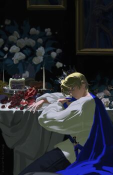 1boy arm_rest blonde_hair blue_cape blue_eyes cake cake_slice candlestand cape closed_mouth commentary crown dimitri_alexandre_blaiddyd dress_shirt english_commentary eyelashes fire_emblem fire_emblem:_three_houses flower food fruit grapes highres huoxing_archive leaf long_sleeves male_focus nintendo painting_(object) plant pomegranate potted_plant shirt short_hair side_cape solo strawberry tray twitter_username white_flower white_shirt