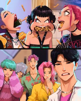 3girls 5boys black_choker black_hair black_nails black_shirt blue_eyeshadow chain chain_necklace choker collared_shirt covering_own_ears covering_own_mouth curtains dumpling eating eyeshadow food french_fries gasp green_shirt grey_hair hair_over_eyes hawaiian_shirt highres jacket jewelry jinu_(kpop_demon_hunters) kpop_demon_hunters makeup makizushi mira_(kpop_demon_hunters) multiple_boys multiple_girls mystery_(kpop_demon_hunters) necklace pink_hair pink_lips pink_shirt pink_sweater purple_hair rumi_(kpop_demon_hunters) sam_yang shirt silver_necklace sushi sweater white_jacket yellow_jacket yellow_shirt zoey_(kpop_demon_hunters)