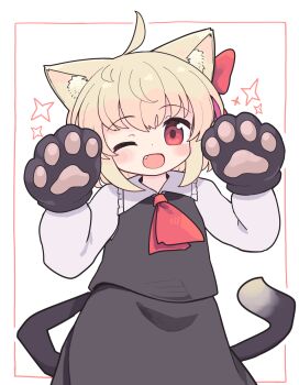Rule 34 | 1girl, ahoge, animal ears, animal hands, ascot, black gloves, black skirt, black vest, blonde hair, blush, cat ears, cat paws, cat tail, collared shirt, commentary request, fang, frilled shirt collar, frills, gloves, highres, kibisake, looking at viewer, one eye closed, open mouth, paw gloves, red ascot, red eyes, rumia, shirt, short hair, skirt, smile, solo, tail, touhou, vest, white shirt
