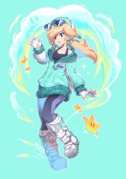 1girl backwards_hat biker_clothes bikesuit blonde_hair blue-tinted_eyewear blue_eyes blue_jacket blue_leggings bodysuit earrings eyewear_on_head fingerless_gloves gloves hair_over_one_eye hat highres jacket jewelry leggings long_hair long_sleeves mario_(series) mario_kart mario_kart_world nintendo official_alternate_costume partially_open_jacket ponytail racing_suit rosalina rosalina_(touring) saiwo_(saiwoproject) smile solo star_(symbol) star_earrings sunglasses tinted_eyewear white_gloves zipper_pull_tab