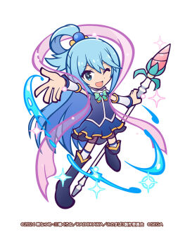 aqua_(konosuba) blue_boots blue_eyes blue_hair blue_shirt blue_skirt boots bow bowtie commentary_request company_name green_bow green_bowtie hagoromo hair_ornament hair_rings highres holding holding_staff kono_subarashii_sekai_ni_shukufuku_wo! long_hair looking_at_viewer official_art one_eye_closed open_mouth purple_shawl puyopuyo puyopuyo_quest see-through_clothes see-through_shawl see-through_skirt_layer shawl shirt single_hair_ring skirt smile sparkle staff thighhighs water white_background white_thighhighs