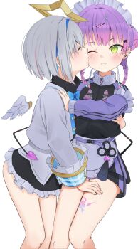 2girls amane_kanata amane_kanata_(1st_costume) angel angel_wings badao belt blue_bow blue_hair bow braid chinese_text demon_girl demon_wings detached_wings dot_nose fang feathered_wings flower green_eyes hair_bun hair_ornament halo hand_on_another's_hip hand_on_another's_shoulder heart heart_hair_ornament highres hololive kiss kissing_cheek long_hair long_sleeves maid maid_headdress multicolored_hair multiple_girls official_alternate_costume one_eye_closed pointy_ears purple_belt purple_hair rose sharp_teeth simplified_chinese_text skin_fang tail_around_another's_waist teeth tokoyami_towa tokoyami_towa_(jersey_maid) twin_braids virtual_youtuber white_hair wings