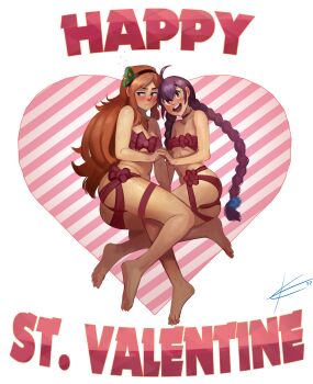 Rule 34 | 2girls, absurdres, ass, braid, braided ponytail, breasts, cleavage, eltonel, freckles, body freckles, freckles on breasts, hairband, highres, holding hands, long hair, medium breasts, multiple girls, naked ribbon, open mouth, ponytail, purple hair, red hair, ribbon, small breasts, smile, thighs, very long hair, vivian james