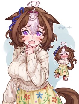 1girl :3 @_@ ahoge animal_ears artist_name blush breasts brown_hair brown_sweater chibi chibi_inset commentary_request floral_print floral_print_skirt grey_hair horse_ears horse_girl horse_tail kingjoshua large_breasts long_sleeves looking_at_viewer meisho_doto_(casual)_(umamusume) meisho_doto_(umamusume) multicolored_hair open_mouth print_skirt purple_eyes red_shoes shoes short_hair skirt streaked_hair sweater tail twitter_username umamusume yellow_skirt