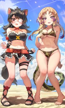 2girls :d absurdres adapted_costume african_rock_python_(kemono_friends) ankle_lace-up australian_devil_(kemono_friends) bare_arms bare_legs bare_shoulders barefoot beach bikini black_bikini black_hair black_skirt blonde_hair blue_sky blush breasts brown_eyes cloud collarbone commentary_request day extra_ears eyepatch feet frilled_skirt frills full_body highres kemono_friends large_breasts long_hair looking_at_viewer medical_eyepatch melaton multicolored_hair multiple_girls navel one_eye_covered open_mouth outdoors pigeon-toed pink_eyes purple_hair sandals skirt sky smile snake_tail standing stomach swimsuit tail tasmanian_devil_ears tasmanian_devil_tail thigh_strap toes two-tone_hair wrist_wrap