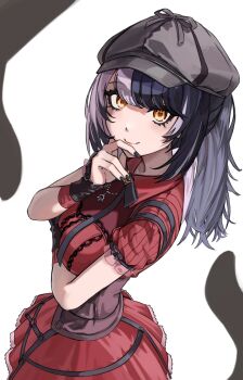 1girl absurdres black_corset black_hair black_hat black_nails black_ribbon closed_mouth corset deerstalker dress grey_hair hand_on_own_chin hat highres hololive hololive_english huemar_tanuki long_hair looking_at_viewer multicolored_hair neck_ribbon official_alternate_costume official_alternate_hairstyle red_dress ribbon shiori_novella shiori_novella_(casual) smile solo split-color_hair two-tone_hair virtual_youtuber