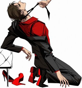 1boy black_jacket black_pants black_shoes brown_hair clothes_grab collared_shirt eren_yeager full_body hair_bun hashtag-only_commentary high_heels highres jacket jacket_partially_removed kneeling leaning_back male_focus medium_hair necktie necktie_grab neckwear_grab pants pumps red_shirt red_shoes shingeki_no_kyojin shirt shoes unworn_shoes updo white_background xiajiuwan