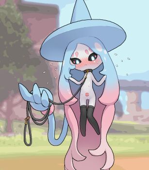 Rule 34 | 1girl, black sclera, black thighhighs, blue hair, blue hat, blush, clitoris, closed mouth, colored sclera, colored skin, female focus, flat chest, flying sweatdrops, full body, gen 8 pokemon, gradient hair, hat, hatterene, holding, holding leash, leash, long hair, multicolored hair, nintendo, nude, outdoors, pink hair, pokemon, pokemon (creature), pussy, shiny skin, solo, stomach tattoo, sweat, tattoo, thighhighs, tosx, two-tone hair, very long hair, white eyes, white skin, witch hat