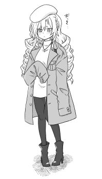 1girl absurdres beret boots coat fate/grand_order fate_(series) full_body greyscale hat hatching_(texture) high_heel_boots high_heels highres jewelry kriemhild_(fate) kriemhild_(over_the_same_sky)_(fate) light_blush light_frown long_hair looking_down monochrome necklace oversized_clothes pantyhose ringlets shadow short_braid sleeves_past_fingers sleeves_past_wrists solo takashimizu44 turtleneck