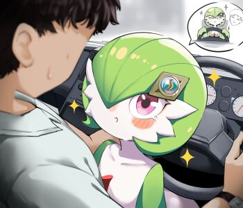 1boy 1girl absurdres black_hair blush bob_cut colored_skin driving gardevoir gen_3_pokemon green_hair green_skin highres katsuboys mega_stone multicolored_skin nintendo parted_lips pink_eyes pokemon pokemon_(anime) pokemon_(creature) poketoon shirt sparkle speech_bubble steering_wheel sweatdrop thought_bubble two-tone_skin white_shirt white_skin yuugo_(pokemon)