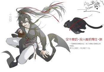 1boy alcohol animal animalization black_boots black_cat black_eyes black_hair black_hanfu boots cat chinese_clothes chinese_commentary chinese_text clenched_hand commentary_request diaomaoxiaoheidaoliangquanban doodle_inset floating_hair full_body grey_pants hair_between_eyes hair_ribbon hanfu highres holding_jug jug_(bottle) liquor long_hair long_sleeves looking_at_viewer male_focus modao_zushi open_mouth pants person_and_animalization ponytail red_ribbon red_sash ribbon robe sash sidelocks simple_background smile solo squatting very_long_hair wei_wuxian white_background