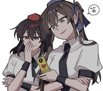 Rule 34 | 2girls, black necktie, brown hair, cellphone, commentary request, covering own mouth, flip phone, hand over own mouth, highres, himekaidou hatate, laughing, looking down, multiple girls, necktie, phone, pom pom (clothes), red eyes, sakic43899, shameimaru aya, shirt, simple background, smug, touhou, white background, white shirt