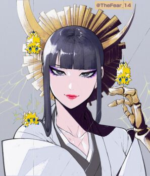 1girl black_eyes black_hair black_kimono bleach bleach:_sennen_kessen-hen blunt_bangs closed_mouth crossover eyelashes eyeliner gen_5_pokemon grey_background haori japanese_clothes joltik kimono looking_at_viewer makeup mantis-f nintendo pokemon pokemon_(creature) purple_eyeliner red_lips short_hair_with_long_locks shutara_senjumaru sidelocks smile spanish_commentary taichou_haori upper_body