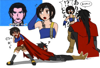 Rule 34 | !?, 1girl, 2boys, bare shoulders, black gloves, black hair, black headband, black pants, black shirt, blue gloves, blue shirt, blush, boots, breasts, brown eyes, brown shorts, clawed gauntlets, cloak, crop top, dirge of cerberus: final fantasy vii, dragging, facial hair, final fantasy, final fantasy vii, flying sweatdrops, gloves, goatee, gold boots, grey thighhighs, hand in own hair, headband, heavy breathing, long hair, medium breasts, midriff, multiple boys, navel, official alternate costume, open mouth, pants, parted bangs, pixelated, pointy boots, red cloak, red headband, reeve tuesti, s m man, shirt, short hair, short shorts, shorts, sitting, spiked hair, sweat, thighhighs, vincent valentine, wide-eyed, x x, yuffie kisaragi