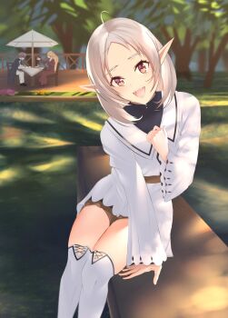 absurdres ahoge bench cliff_grimoire dress elf elinalise_dragonroad highres mushoku_tensei outdoors pointy_ears rausu_(undeadmachine) red_eyes smile sylphiette_(mushoku_tensei) white_dress white_hair