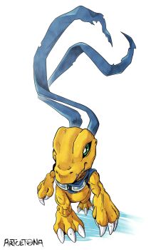 absurdres agumon artcetona blue_scarf digimon digimon_(creature) full_body goggles goggles_around_neck green_eyes highres lizard no_humans scarf simple_background walking white_background