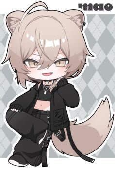 Rule 34 | 1girl, :d, ahoge, akikan sabako, animal ear fluff, animal ears, argyle background, artist name, black jacket, black pants, black shirt, black shoes, brown eyes, brown hair, character name, chibi, chibi only, commentary request, crop top, cropped shirt, double-parted bangs, fangs, full body, grey background, hair between eyes, hair intakes, hand up, highres, jacket, jewelry, letterboxed, lion ears, lion girl, lion tail, long sleeves, looking at viewer, mao (vrchat), midriff, navel, necklace, open clothes, open jacket, open mouth, outline, outside border, pants, shirt, shoes, short hair, slit pupils, smile, solo, standing, standing on one leg, tail, vrchat, white outline