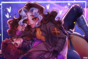 1boy 1girl bodysuit breasts brown_hair colored_bangs gambit gloves green_bodysuit green_eyes highres jacket long_hair marvel marvel_rivals multicolored_bodysuit multicolored_hair poposhirat red_eyes rogue_(x-men) smile superhero_costume two-tone_hair white_hair x-men yellow_bodysuit yellow_gloves