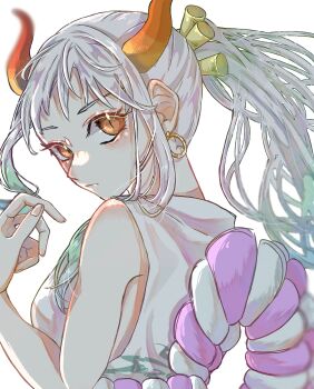 1girl absurdres closed_mouth earrings eyelashes green_hair hair_ornament highres horns japanese_clothes jewelry kimono looking_back one_eye_closed one_piece orange_eyes ponytail rope shimenawa sleeveless sleeveless_kimono solo u_mi031 white_background white_hair white_kimono yamato_(one_piece)