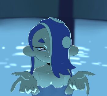 1girl back_to_zero blue_hair breasts chainsaw_man collarbone hair_over_one_eye hands_up i&#039;ll_teach_you_everything_(chainsaw_man) indoor_pool medium_breasts nintendo nude octoling partially_submerged pool red_eyes scene_reference shiver_(splatoon) smile solo splatoon_(series) splatoon_3 swimming tentacle_hair wet