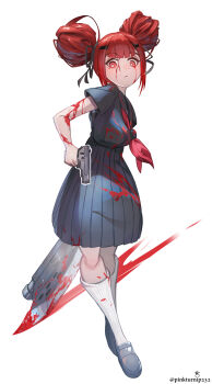 absurdres asymmetrical_dual_wielding axe battle_axe black_serafuku black_skirt blood blood_on_arm blood_on_clothes blood_on_face blood_stain cz75_(girls&#039;_frontline) double_bun dual_wielding faye_(girls&#039;_frontline_2) frown full_body girls&#039;_frontline gun hair_bun hair_ornament hair_ribbon hairclip handgun highres holding holding_axe holding_gun holding_weapon kneehighs medium_skirt neckerchief pinkturnip232 pleated_skirt red_eyes red_hair red_neckerchief ribbon school_uniform serafuku serious skirt socks weapon