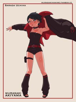 1girl absurdres armpits artist_name belt belt_buckle black_choker black_footwear black_jacket black_nails boruto:_naruto_next_generations boruto:_two_blue_vortex breasts buckle character_name choker collarbone collared_jacket earrings fanbox_username female_focus floating_earrings full_body glasses grey_eyes high_heels highres jacket jewelry murasaki_akiyama naruto_(series) o-ring o-ring_choker paid_reward_available parted_lips pouch red-framed_eyewear shirt small_breasts solo standing strapless strapless_shirt teeth thigh_pouch thigh_strap thighs toes uchiha_sarada uchiha_symbol watermark web_address