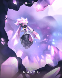 cave_interior character_name commentary copyright_name crystal diancie floating full_body gen_6_pokemon highres kelvin-trainerk legendary_pokemon looking_up mythical_pokemon nintendo no_humans outstretched_arm pink_eyes pokemon pokemon_(creature) pokemon_focus solo twitter_username
