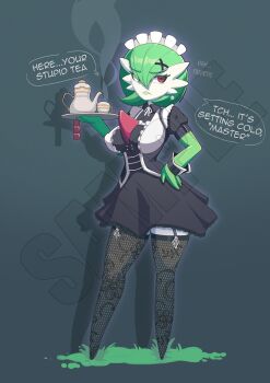 1girl artist_name averting_eyes black_dress black_thighhighs bob_cut breasts collared_dress colored_eyelashes colored_skin condom condom_packet_strip condom_wrapper covered_erect_nipples cup dress drop_shadow earrings english_text female_focus floral_print full_body gardevoir garter_straps gen_3_pokemon glint grass green_hair green_lips green_skin grey_background hair_ornament hair_over_one_eye hand_on_own_hip hand_up highres holding holding_tray jewelry large_breasts looking_to_the_side maid maid_headdress mega_stone multicolored_skin neck_ribbon nekit48l nintendo no_feet one_eye_covered parted_lips pokemon pokemon_(creature) print_thighhighs puffy_short_sleeves puffy_sleeves red_eyes ribbon sample_watermark short_dress short_hair short_sleeves sideways_glance single_earring solo speech_bubble standing steam talking teacup teapot teeth thighhighs tray two-tone_skin v-shaped_eyebrows watermark white_ribbon white_skin wrist_cuffs x_hair_ornament