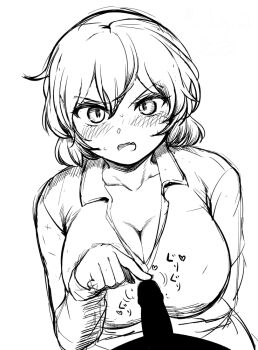 1boy 1girl blank_censor blush breasts censored cleavage collared_shirt commentary_request fang greyscale hetero kazami_yuuka large_breasts long_sleeves looking_at_viewer monochrome open_mouth penis poking_penis sadahiro_(chicken_nugget_gyuuniku_aji) shirt short_hair simple_background sketch skin_fang solo_focus touhou upper_body v-shaped_eyebrows