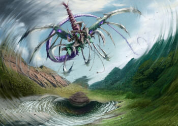 android artist_request blue_sky cyberdarkness_dragon duel_monster floating flying glowing glowing_eyes horns machine mechanical_wings mountain sharp_teeth sky teeth wings yu-gi-oh!