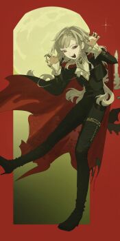 Rule 34 | 1girl, :d, alternate costume, ascot, black jacket, black nails, black pants, cape, claw pose, cropped, fangs, full body, grey hair, hands up, highres, jacket, leg up, long hair, oji-sama (ochi4t), open mouth, pants, red background, red cape, red eyes, reverse:1999, rubuska, shirt, smile, solo, standing, standing on one leg, teeth, white ascot, white shirt