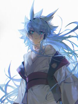 1boy alien_888 antenna_hair black_trim blue_hair dappled_sunlight facial_mark facing_to_the_side green_eyes headphones highres japanese_clothes kimono long_hair looking_to_the_side male_focus off_shoulder red_sash sash single_bare_shoulder spiked_hair sunlight turning_head upper_body white_background white_kimono yu-gi-oh! yu-gi-oh!_go_rush!! yudias_velgear