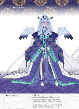 1girl absurdly_long_hair back_bow bare_legs barefoot blue_bow blue_kimono bow choco_(chocolate_shop) commentary_request expressionless fate/grand_order fate_(series) forked_eyebrows full_body hair_intakes half_updo headpiece highres japanese_clothes kimono long_hair long_sleeves looking_at_viewer melusine_(dream_portrait)_(fate) melusine_(fate) multicolored_kimono official_alternate_costume official_alternate_hairstyle parted_lips production_art production_note solo standing straight-on straight_hair toes train_(clothing) translation_request very_long_hair white_background white_bow white_hair wide_sleeves yellow_eyes