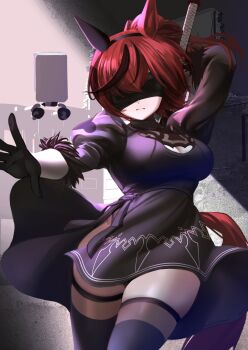 1girl 2b_(nier:automata) 2b_(nier:automata)_(cosplay) animal_ears black_dress black_gloves black_hairband black_thighhighs blindfold breasts brown_hair cleavage cleavage_cutout closed_mouth clothing_cutout cosplay covered_eyes dress ear_covers feather-trimmed_sleeves feather_trim gloves hairband highres horse_ears horse_girl horse_tail hoshikuzu_kizuna_(kizuna_stardust) juliet_sleeves large_breasts long_sleeves multicolored_hair nice_nature_(umamusume) nier:automata nier_(series) ponytail puffy_sleeves single_ear_cover solo streaked_hair sword tail thighhighs umamusume weapon