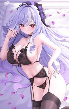1girl :q adjusting_bra adjusting_clothes balut_(7676i) bare_shoulders bed_sheet black_bra black_flower black_garter_belt black_nails black_panties black_thighhighs blush bra breasts cleavage collarbone commentary_request falling_petals fingernails flower garter_belt hair_between_eyes highres lace lace-trimmed_bra lace-trimmed_garter_belt lace-trimmed_panties lace_trim large_breasts long_hair looking_at_viewer lying nail_polish navel on_side panties petals pointy_ears purple_hair red_eyes solo stomach thighhighs tongue tongue_out underwear very_long_hair vivian_banshee zenless_zone_zero