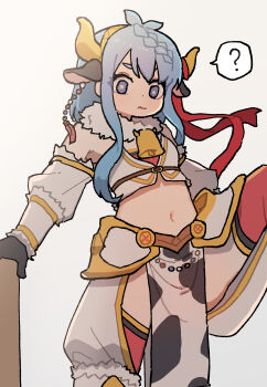 Rule 34 | 1girl, ?, absurdres, animal ears, animal print, antenna hair, bell, black gloves, blue eyes, blue hair, braid, closed mouth, cow ears, cow girl, cow horns, cow print, cowbell, cowboy shot, crop top, detached sleeves, earrings, fake animal ears, fake horns, fur-trimmed collar, fur-trimmed sleeves, fur trim, gloves, gold hairband, hairband, hand rest, highres, horn ornament, horn ribbon, horns, ix, jewelry, korean commentary, leg up, long hair, mahiru (princess connect!), midriff, navel, neck bell, pelvic curtain, princess connect!, red ribbon, ribbon, simple background, speech bubble, spoken question mark, standing, standing on one leg, thighhighs, thighs, white background
