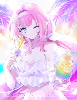 1girl alternate_costume blue_eyes breasts cleavage commentary_request crop_top cup elf elysia_(honkai_impact) food fruit hairband highres holding holding_cup honkai_(series) honkai_impact_3rd incoming_gift kanaria_(mint_tea1256) large_breasts long_hair looking_at_viewer midriff navel orange_(fruit) orange_slice pink_hair pointy_ears smile solo tropical_drink very_long_hair white_hairband