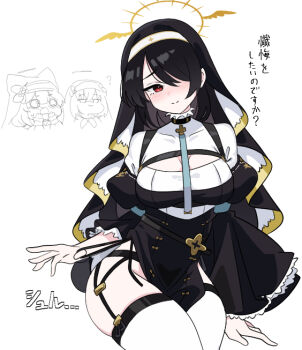 3girls black_dress black_hair black_panties blue_archive blush breasts chibi chibi_inset cleavage_cutout closed_mouth clothing_cutout commentary_request dress hair_between_eyes hair_over_one_eye halo hinata_(blue_archive) juliet_sleeves large_breasts long_hair long_sleeves mari_(blue_archive) multiple_girls nose_blush nun nyaru_(nyaru_4126) o_o panties puffy_sleeves red_eyes sakurako_(blue_archive) simple_background sitting skindentation smile solo_focus translation_request underwear veil very_long_hair white_background wide_sleeves
