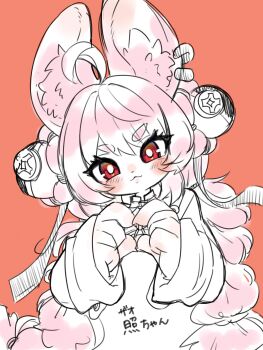 1girl :3 ahoge animal_ear_fluff animal_ear_piercing animal_ears blush braid braided_twintails bright_pupils closed_eyes commentary_request em_no_souko four-finger_heart_hands furry furry_female hair_ornament head_tilt heart heart_hands highres long_hair looking_at_viewer orange_background pink_fur pink_hair rabbit_ears rabbit_girl red_eyes screw short_eyebrows simple_background solo sphere_hair_ornament thick_eyebrows translation_request upper_body white_pupils zenless_zone_zero zhao_(zenless_zone_zero)