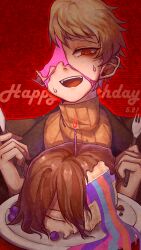 Rule 34 | 1boy, absurdres, atou haruki, blonde hair, blood, candlesen, chinese commentary, closed eyes, commentary request, dated, english text, everything is cake (meme), film grain, fork, happy birthday, highres, holding, holding fork, holding knife, isoi haruki, knife, male focus, meme, nervous sweating, open mouth, pink blood, plate, red eyes, ringed eyes, saibou shinkyoku, short hair, smile, sweat
