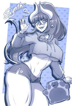 1girl breasts bug character_name commentary cowboy_shot cropped_hoodie demon_girl demon_horns demon_tail dolphin_shorts earrings english_commentary fangs fly frog hair_between_eyes highres hood hoodie horns iahfy insect jewelry large_breasts long_sleeves looking_at_viewer monochrome navel open_mouth original pointy_ears ponytail short_shorts shorts solo synth_(iahfy) tail teeth tongue underboob