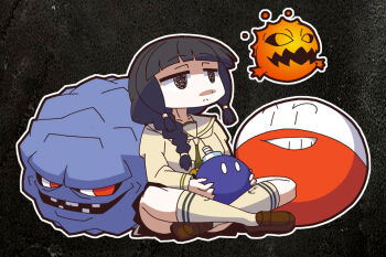 Rule 34 | 1girl, anchor symbol, black hair, blunt bangs, bob-omb, bomb, bomb (final fantasy), braid, brown shoes, crossover, dragon quest, electrode (pokemon), explosive, final fantasy, hair over shoulder, hair ribbon, head fuse, kantai collection, kitakami (kancolle), kitakami kai ni (kancolle), loafers, long sleeves, lotus position, mahoroba shirou, mario (series), miniskirt, nintendo, pokemon, pokemon (creature), ribbon, rockbomb, sailor collar, school uniform, serafuku, shoes, single braid, sitting, skirt, trait connection, tress ribbon, yellow sailor collar, yellow serafuku